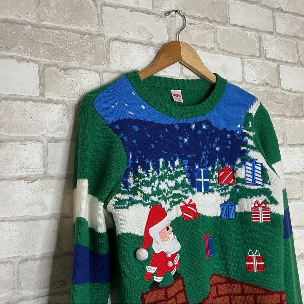 Festive Knit Green Christmas Santa Crewneck Size XL 14-16 - Picture 3 of 16